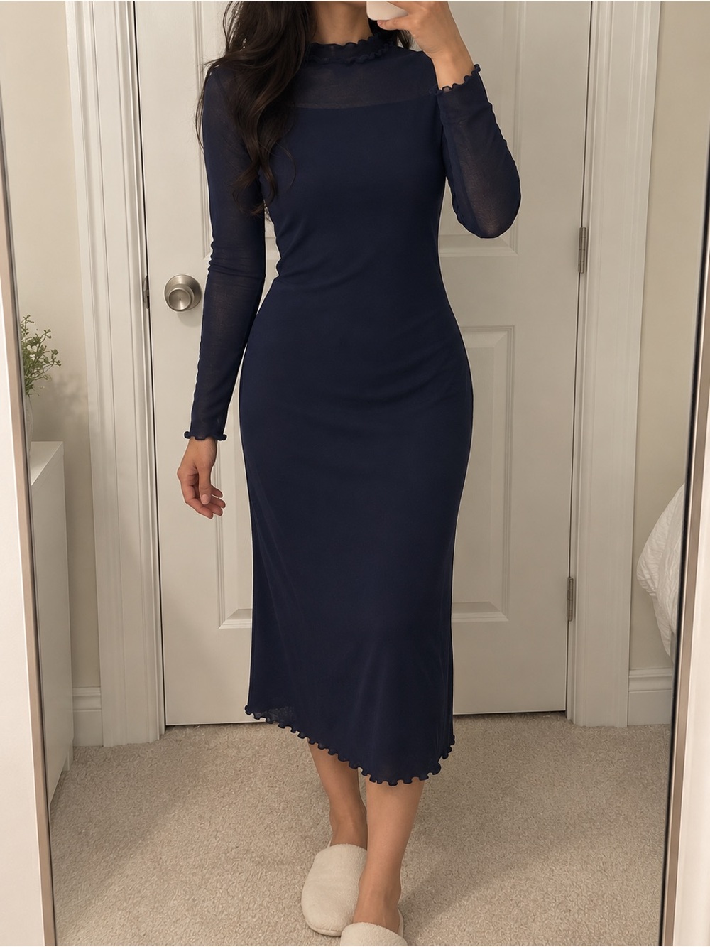 Primark Classic Navy Long-Sleeve Midi Sheer Dress with Under Dress